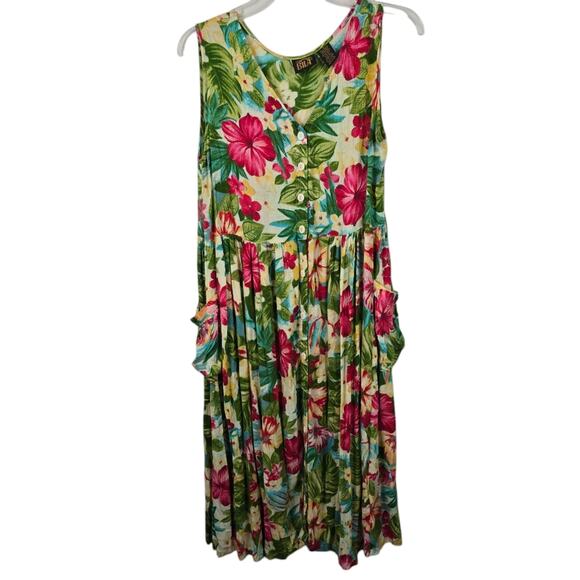 Bila Dresses & Skirts - Bila Tropical Green Sleeveless Button Down Dress Midi Length Vintage Floral S